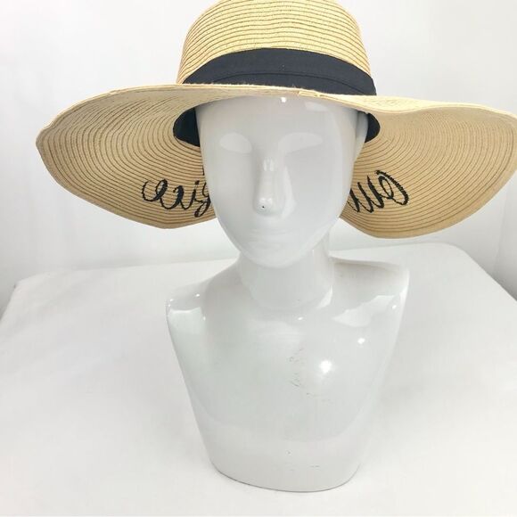 C&C Out of Office Cream Straw Sun Hat with Black Script and Hatband - Picture 7 of 11